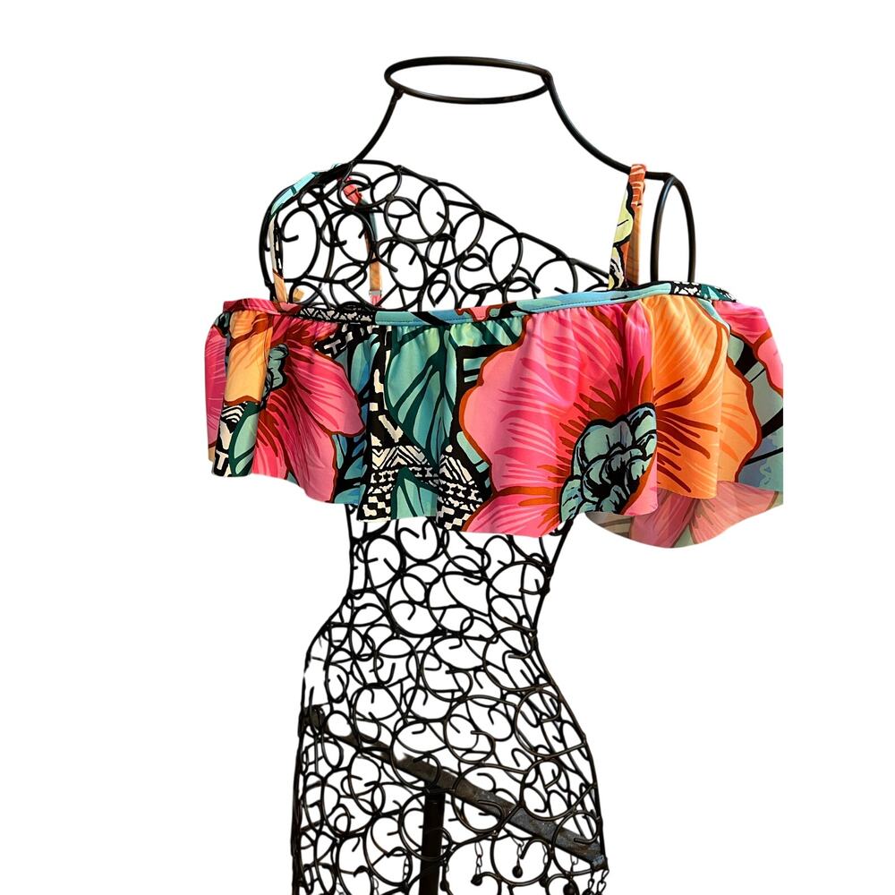 Clean Water Floral Flounce Off the Shoulder Bikini Top Swimwear Medium #1672